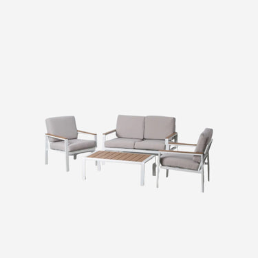 Juego de mesa de exterior blanca con sofá de 2 plazas y 2 sillones