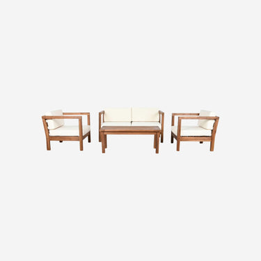 Outdoor White Table Set with 2 Seater Sofa and 2 Armchairs in Teak Wood (130 x 69 x 65 cm)