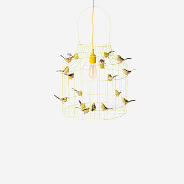 luminária suspensa em gaiola pássaros amarelos