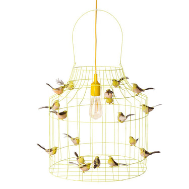 luminária suspensa em gaiola pássaros amarelos
