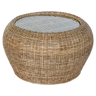 Outdoor Side table in Glass and Rattan (82 x 82 x 48 cm)