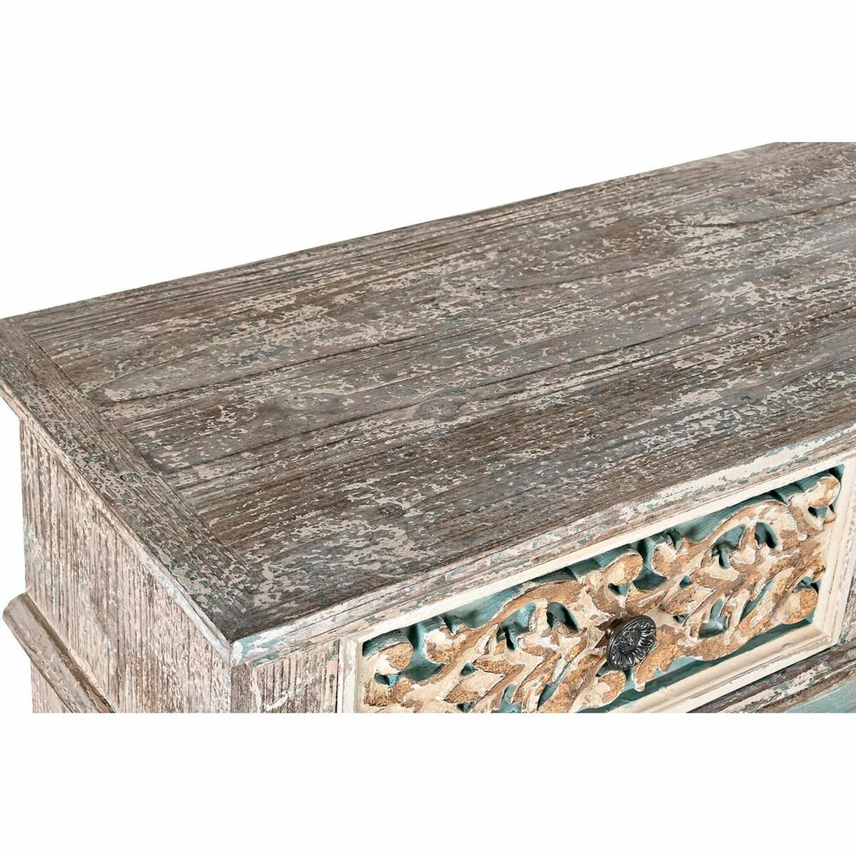 White Turquoise Chest of drawers in Wood and Oriental Style (99 x 38 x 91 cm)