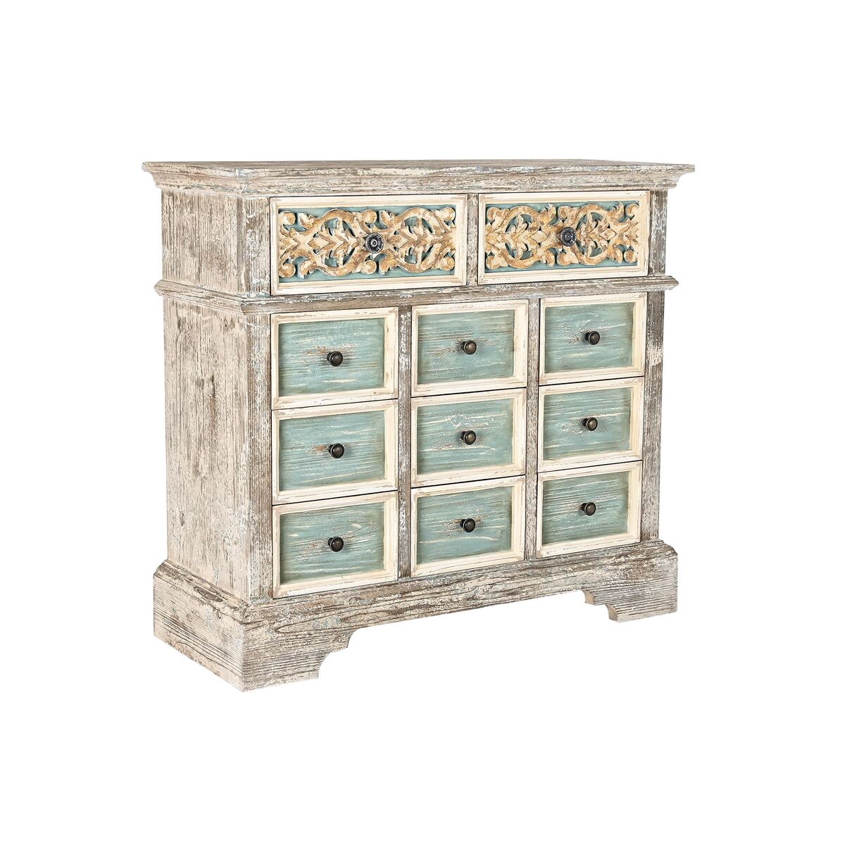 White Turquoise Chest of drawers in Wood and Oriental Style (99 x 38 x 91 cm)