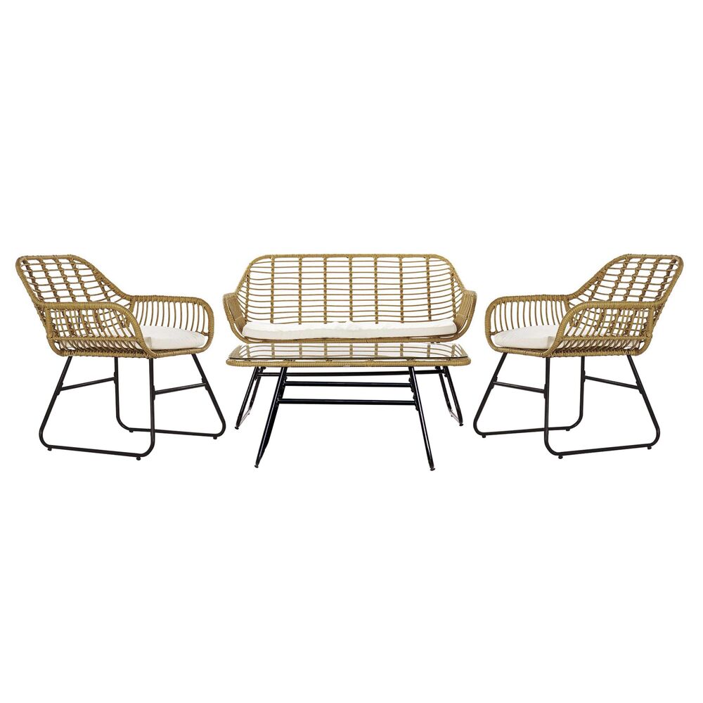 Outdoor Table Set with 2 Seater Sofa and 2 Armchairs in Rattan with Black Legs (124 x 74 x 84 cm)