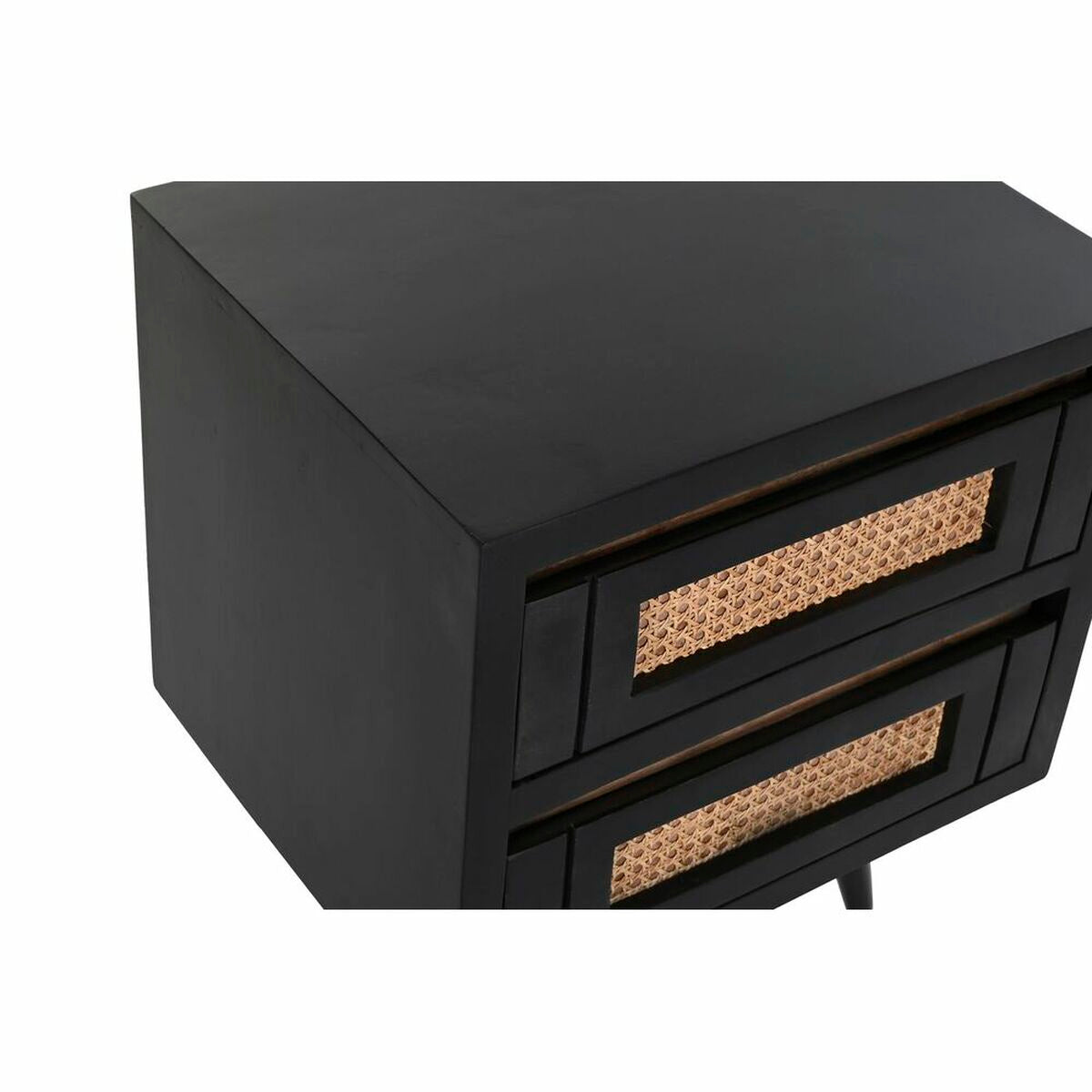 Black Bedside Table in Mango Wood with Rattan (50 x 40 x 55 cm)