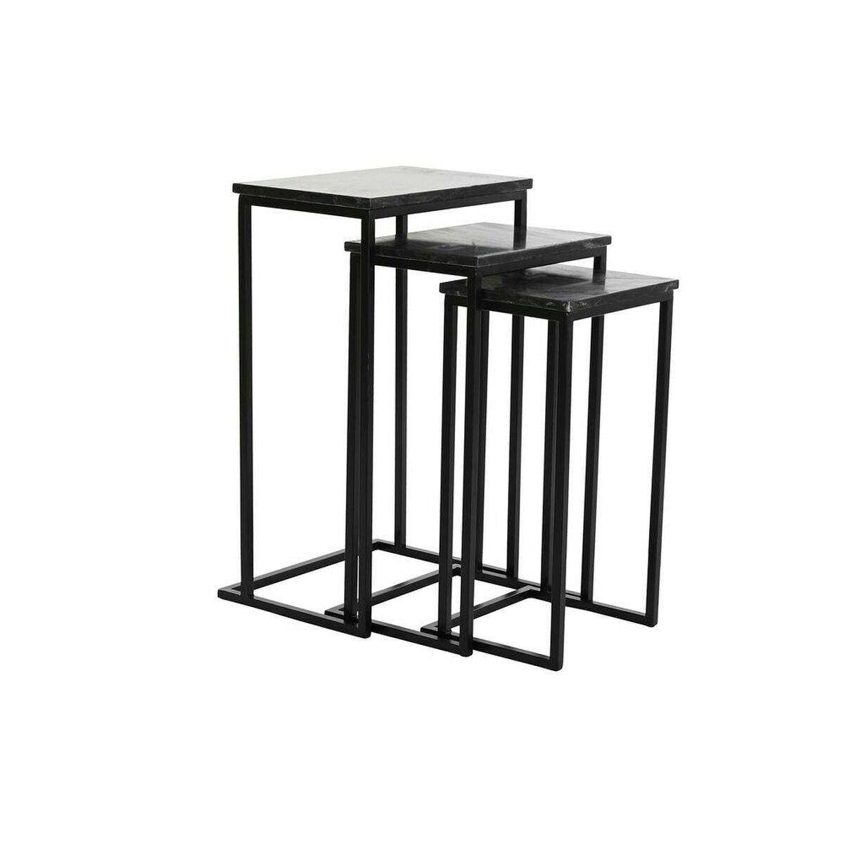 Set of 3 Side Tables in Black Marble and Black Metal Legs (40 x 26 x 65 cm)