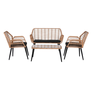 Outdoor Black Table Set with 2 Seater Sofa and 2 Armchairs in Rattan with Black Legs (124 x 75 x 85,5 cm - 120 x 65 x 89 cm)