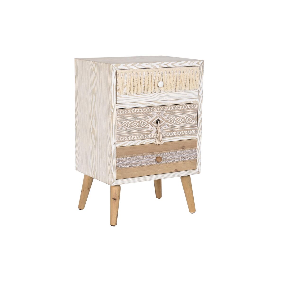 Boho Bedside Table in Fir Wood with 3 Drawers (48 x 35 x 72 cm)
