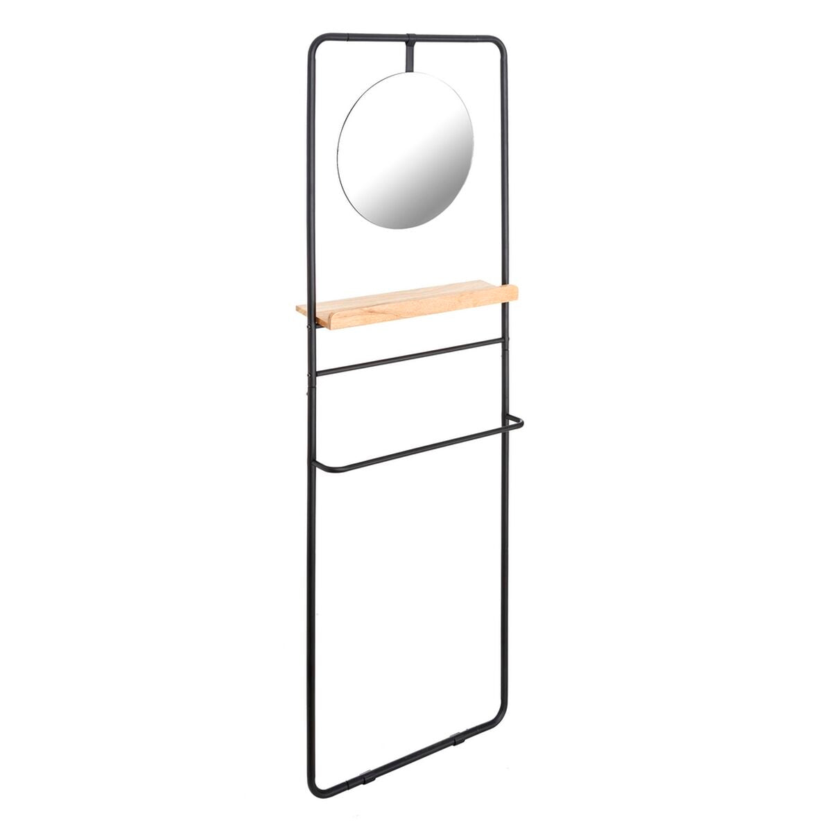 Coat Rack in Black Metal and Wood with Mirror (56,9 x 15 x 171,9 cm)