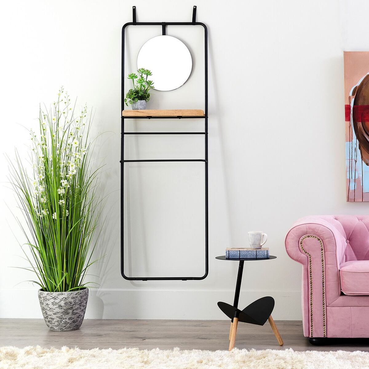 Coat Rack in Black Metal and Wood with Mirror (56,9 x 15 x 171,9 cm)