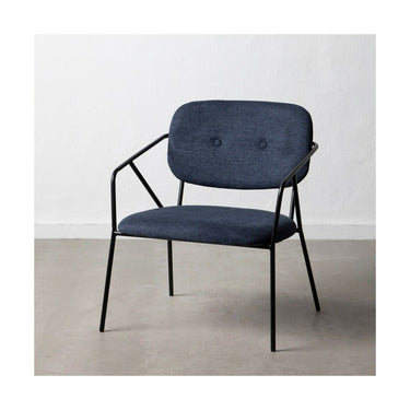 Blauer Stuhl mit Armlehnen und schwarzen Metallbeinen (60,5 x 56 x 75 cm)