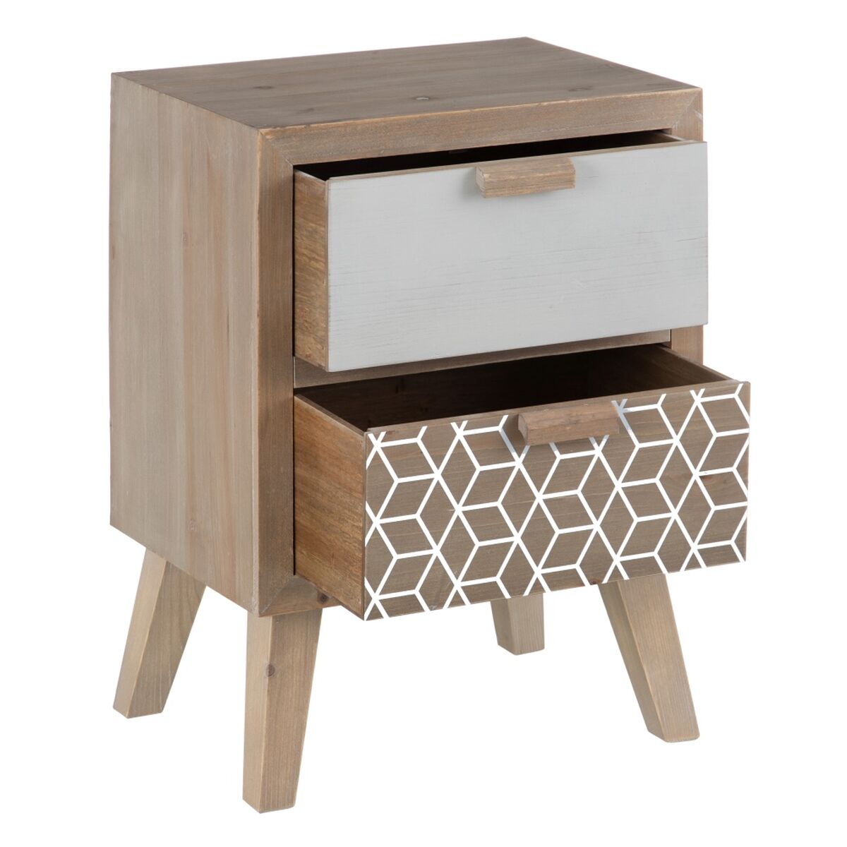Natural White Bedside Table with Geometric Drawer (40 x 30 x 55 cm)