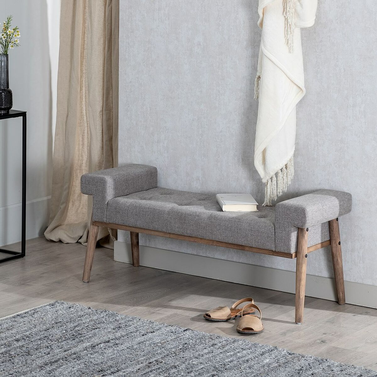 Grey Bench with Wooden Legs (120 x 40 x 50 cm)