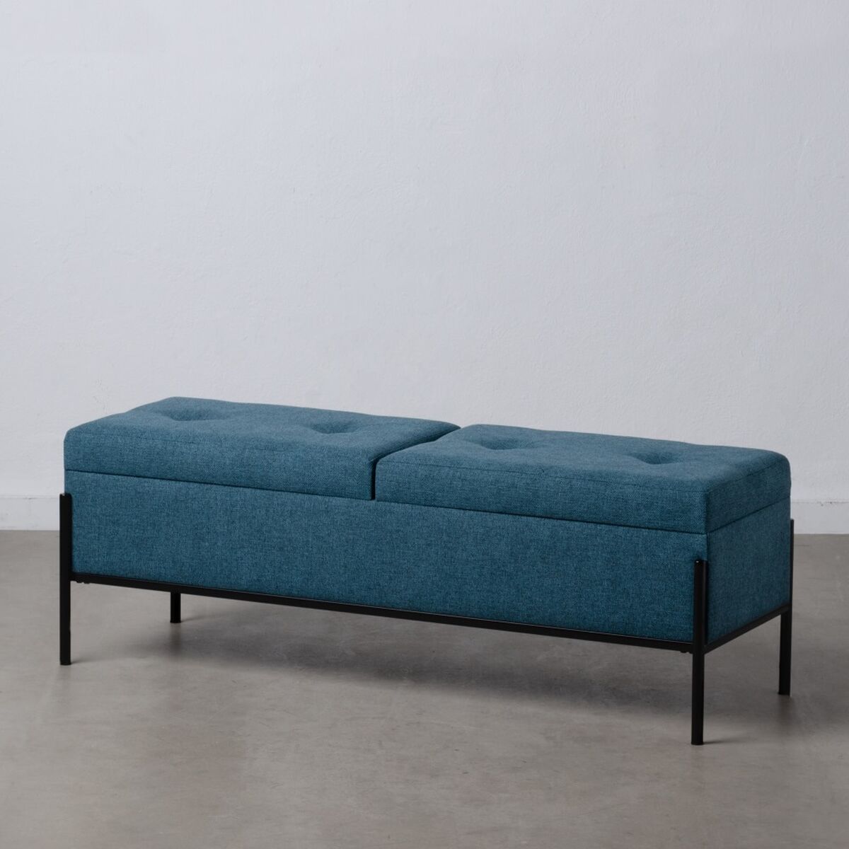Blue Bench with Storage and Black Metal Legs (123 x 40 x 43 cm)