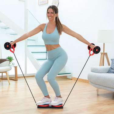 Abdominal Roller with Rotating Discs, Elastic Bands and Exercise Guide